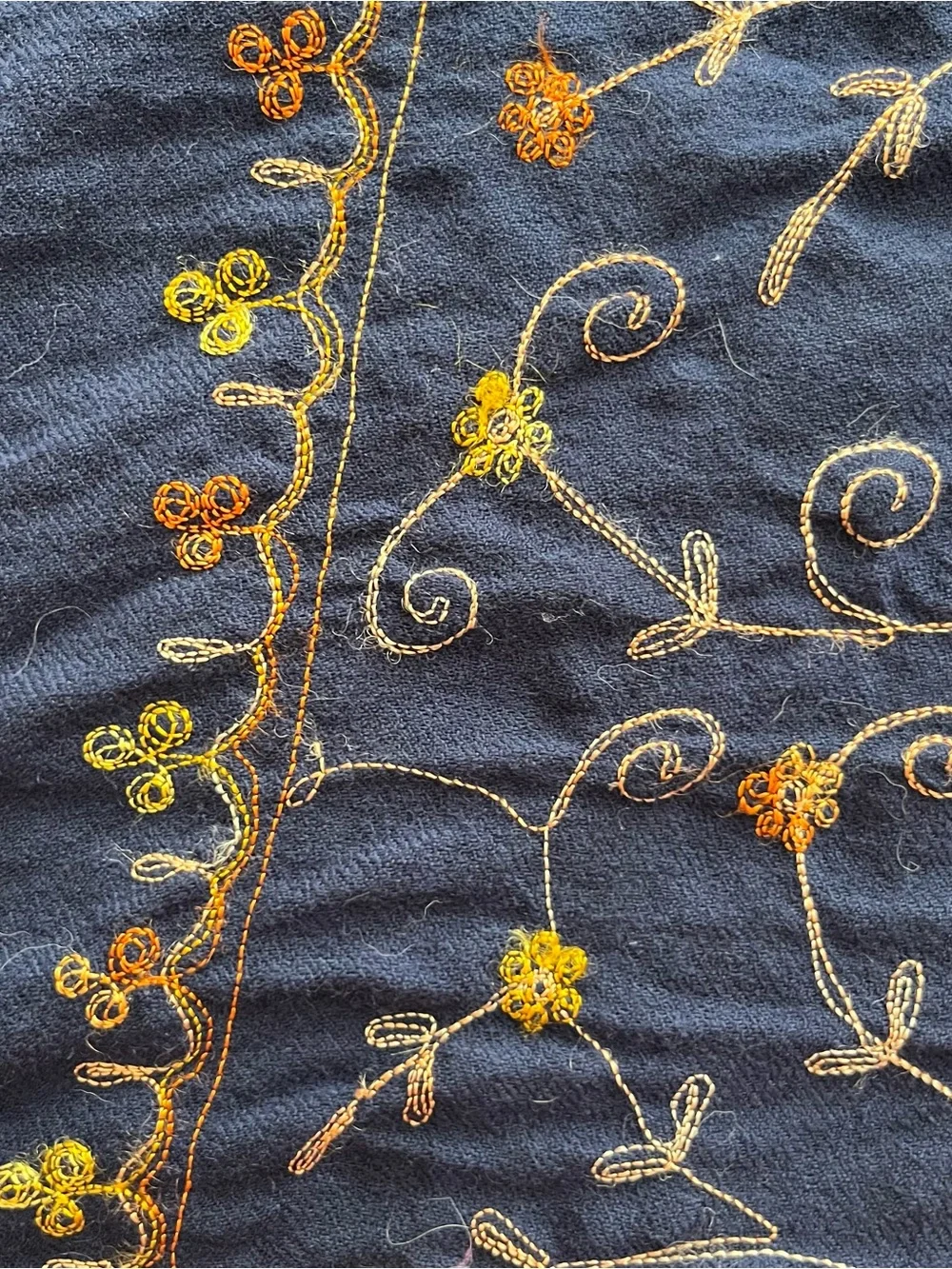 Embroidered Floral oblong scarf, wrap - Navy Blue